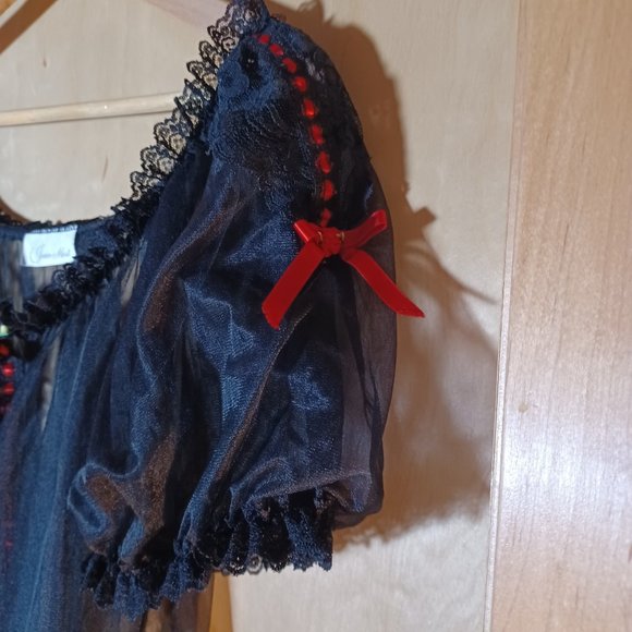INNER MOST VINTAGE Black Red Ribbon Trim Cap Sleeves Babydoll Robe_Size Medium - Picture 4 of 10